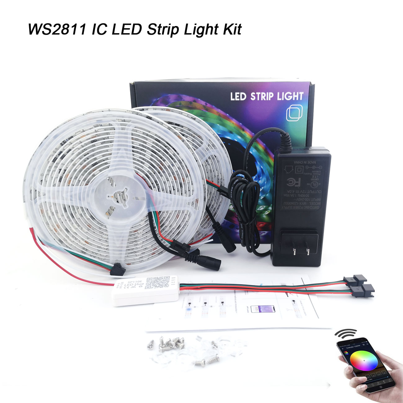 5m RGB Addressable Color-Chasing LED Strip Light Kit with 12V Power Supply  and Remote