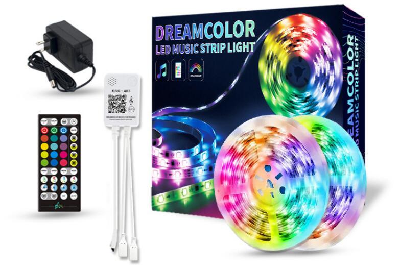 يمكن التحكم في مجموعة مصابيح الشريط الذكية 5050 RGB Dream Color LED من خلال تطبيق الهاتف الموسيقى Alexa Google home أو 40 keys Remote 15 - أضواء شريط LED قابلة للعنونة