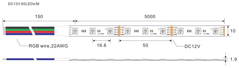 أبعاد شريط إضاءة LED DC12V WS2812 - سلسلة شريط LED WS2812