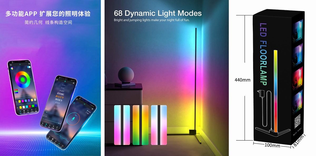 RGB LED Floor Tripod Corner Stand Light مع التطبيق أو التحكم في الموسيقى عن بعد لتزيين غرفة المعيشة 9 - أضواء شريط LED قابلة للعنونة