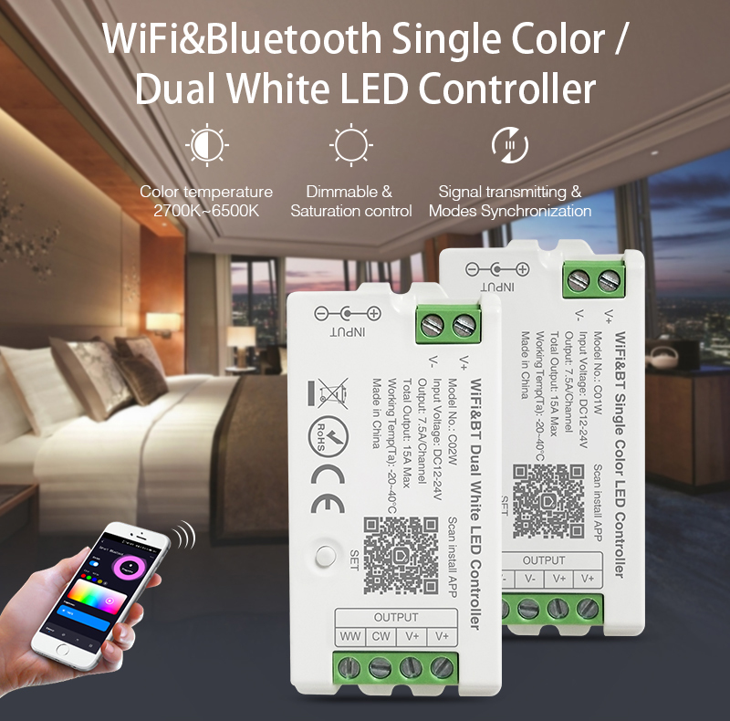 C01WC02W WiFiBlueTooth Single ColorDual White LED Controller 1 - 2.4GHz RF Smart Controller