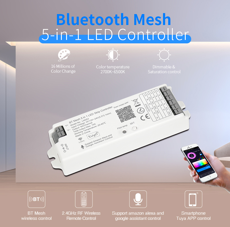 LM053 2.4GHz RFBluetoothWiFi RGBCCT 5 IN 1 Smart LED Controller 1 - 2.4GHz RF Smart Controller