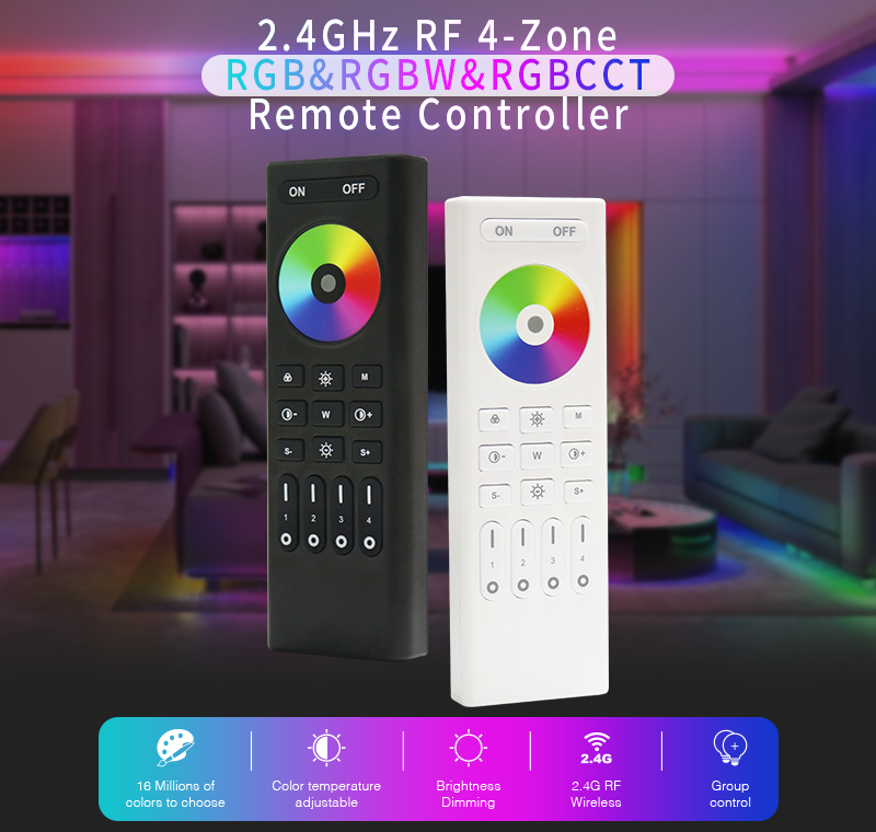 RC03RF 2.4GHz RF 4 Zone RGBRGBWRGBCCT Remote Controller 1 - 4-Zone Individual Control